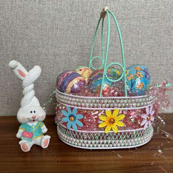 VTG Easter Bunny Figurine With Flower‎ Wire Basket And Colorful Ceramic Eggs - Picture 1 of 16